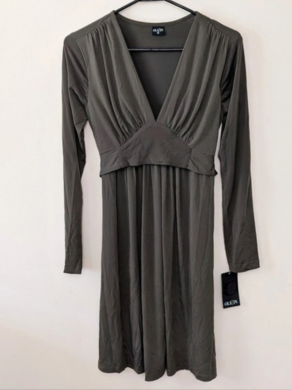Olian Women's Maturnity Empire Waist Dress Dk Green Long Sleeve V-Neck Jersey XS